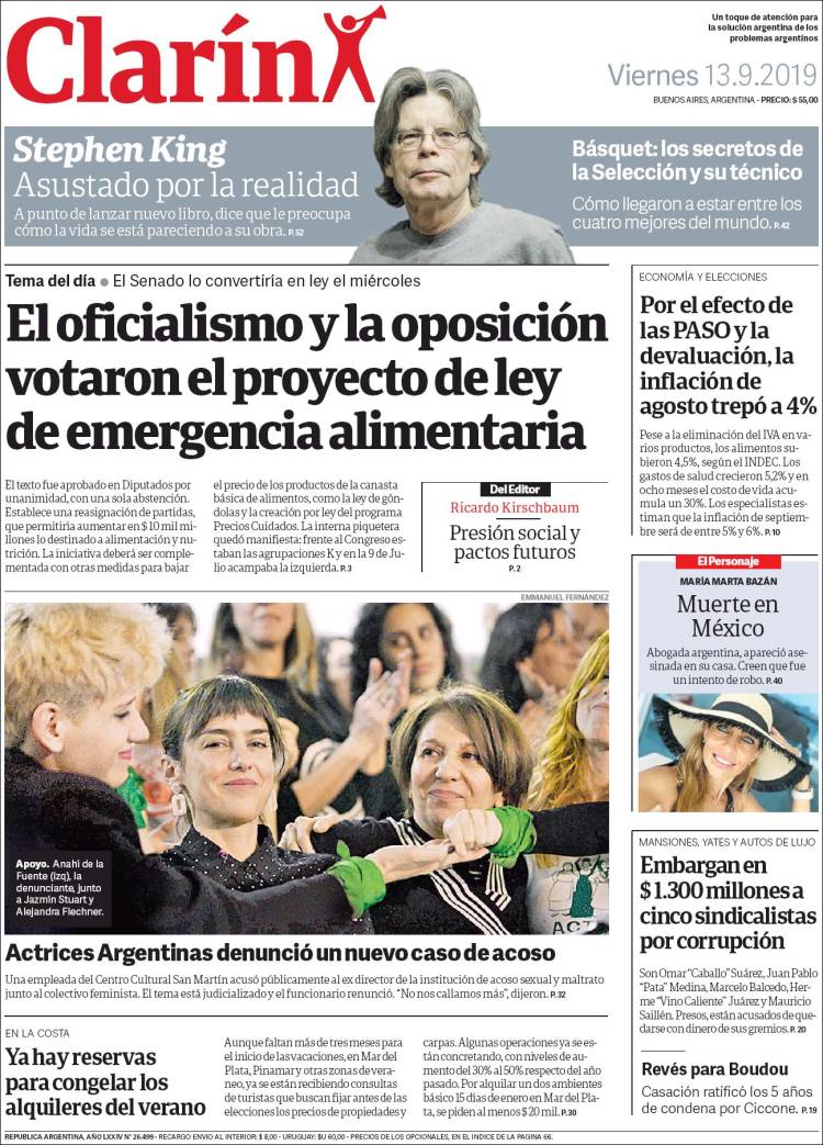 Une de Clarin 13.09.2019