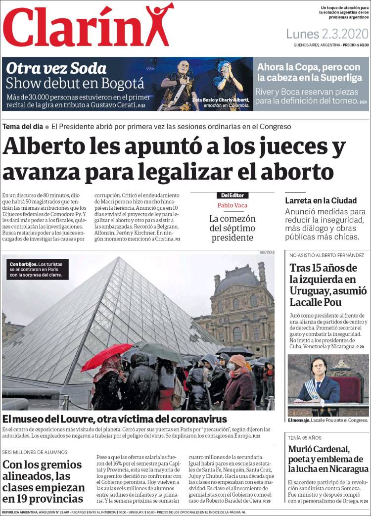 Une de Clarin 02.03.2020