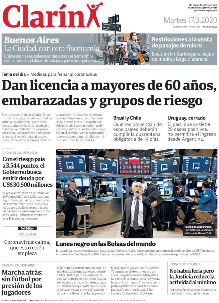 Une de Clarin 17.03.2020