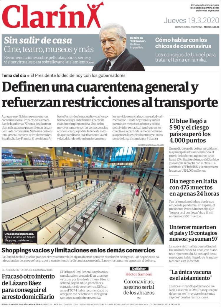 Une de Clarin 19.03.2020