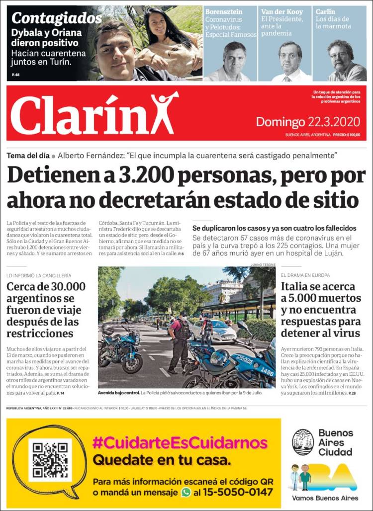 Une de Clarin 22.03.2020