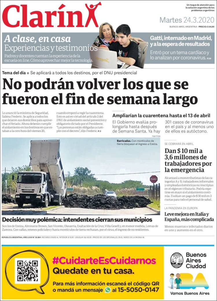 Une de Clarin 24.03.2020