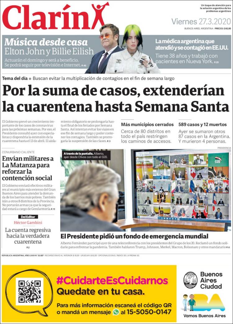 Une de Clarin 27.03.2020