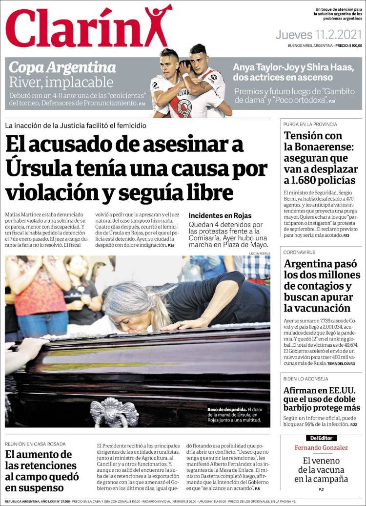 Une de Clarin 11.02.2021