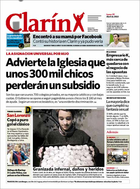 Couverture du jour de Clarín