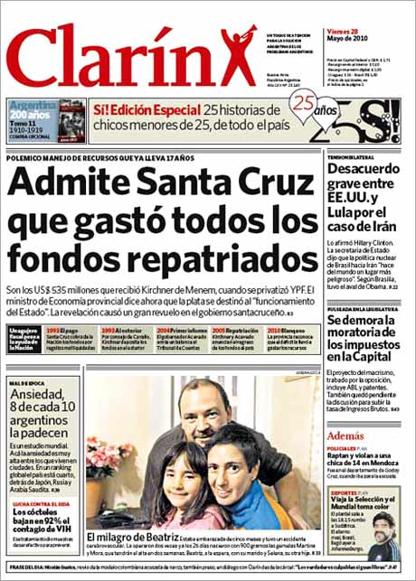 Couverture du jour de Clarín